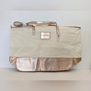 NWT Victoria's Secret Cotton Canvas Tote Bag Travel Beach Bag Pink And Beige
